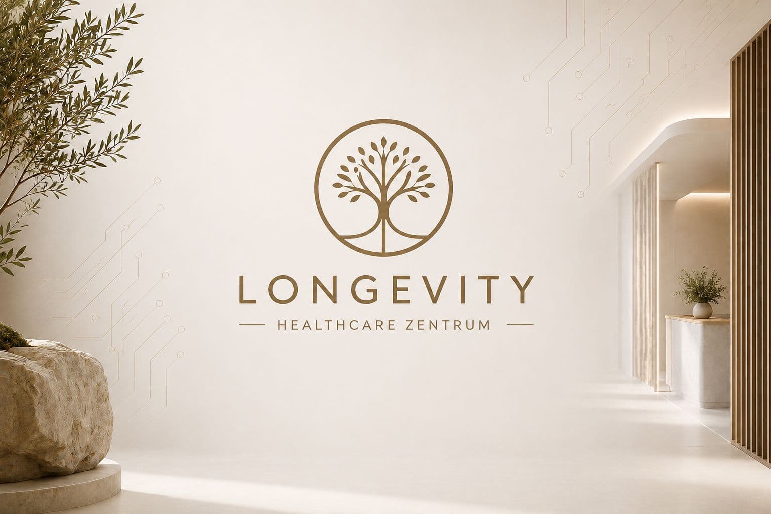 Heller Empfangsbereich des Zentrums mit dem Baum-Logo an der Wand, Olivenbaum und Natursteinelement