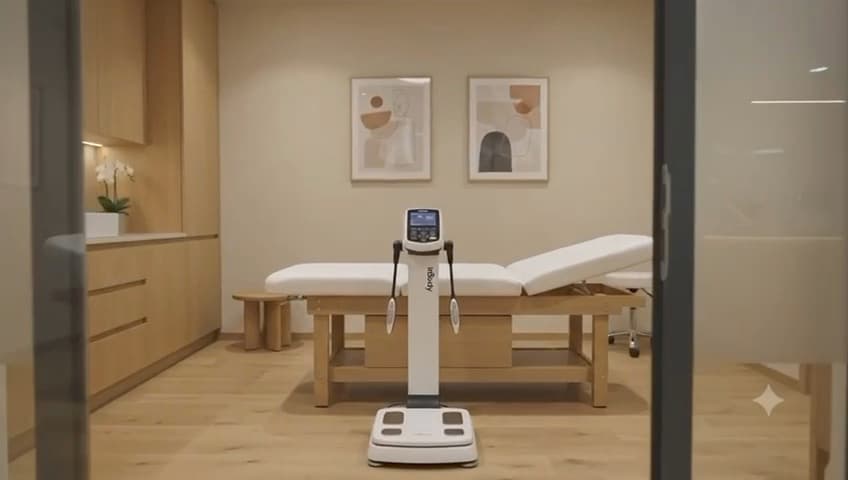Raum für Körperanalyse mit InBody-Waage und Behandlungsliege